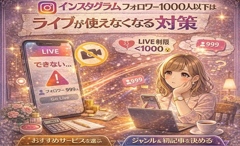 インスタグラムでフォロワー1000人以下のアカウントがライブ配信を使えなくなる可能性を示したイラスト。ライブ制限に悩む女性と、フォロワー999人表示のスマホ画面を通して、2026年のインスタライブ対策を表現している。