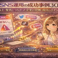 SNS運用で売上や集客に成功した企業の事例を表したイラスト。フォロワー数やライブ制限に悩みながらも、X・TikTokなど複数SNSを活用して成果を伸ばしている様子を描き、2026年版のSNS成功事例30選を象徴している。