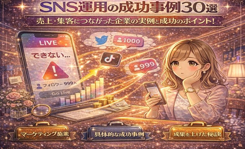 SNS運用で売上や集客に成功した企業の事例を表したイラスト。フォロワー数やライブ制限に悩みながらも、X・TikTokなど複数SNSを活用して成果を伸ばしている様子を描き、2026年版のSNS成功事例30選を象徴している。