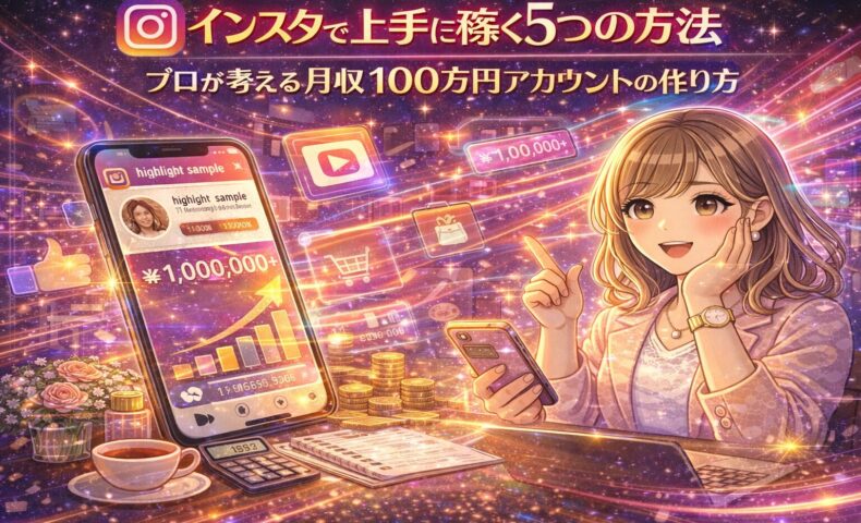 インスタで稼ぐ5つの方法を解説するイメージ。スマホ画面に月収100万円のグラフが表示され、女性がインスタ収益化の仕組みを説明しているイラスト