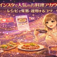 インスタで人気のお料理アカウントをイメージしたビジュアル。レシピ投稿で集客・運用する様子を、料理写真とスマホ操作のイラストで表現している
