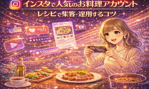 インスタで人気のお料理アカウントをイメージしたビジュアル。レシピ投稿で集客・運用する様子を、料理写真とスマホ操作のイラストで表現している