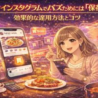 インスタグラムで保存数を増やしてバズを狙う運用方法を解説するイラスト。スマホ画面にレシピ投稿と保存アイコンが表示され、保存数が伸びている様子を表現している。