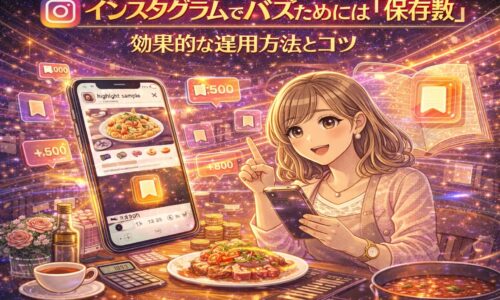 インスタグラムで保存数を増やしてバズを狙う運用方法を解説するイラスト。スマホ画面にレシピ投稿と保存アイコンが表示され、保存数が伸びている様子を表現している。