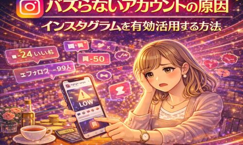 インスタグラムでバズらず悩む女性が、いいね数やフォロワー減少を示すスマホ画面を見ながら原因を考えているイラスト