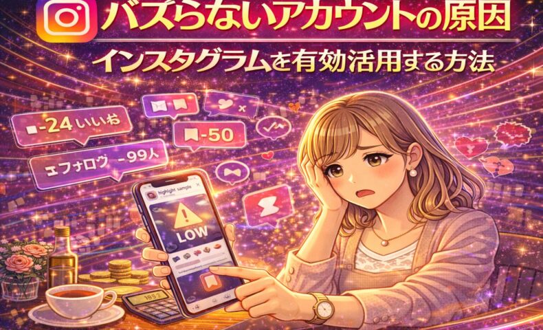 インスタグラムでバズらず悩む女性が、いいね数やフォロワー減少を示すスマホ画面を見ながら原因を考えているイラスト