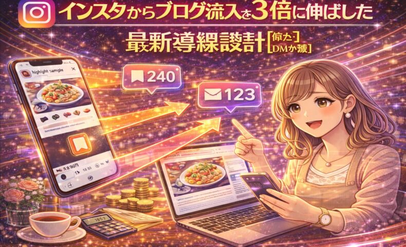 インスタからブログ流入を3倍に伸ばした導線設計を解説する図解イラスト。保存数やDMを活用し、インスタからブログへアクセスを増やす方法を表現。