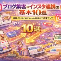 ブログ集客とインスタ連携の仕組みを図解したイメージ。インスタ投稿・リール・プロフィールからブログへ導線をつなぎ、アクセス数や反応が伸びていく流れを10のポイントで表現している