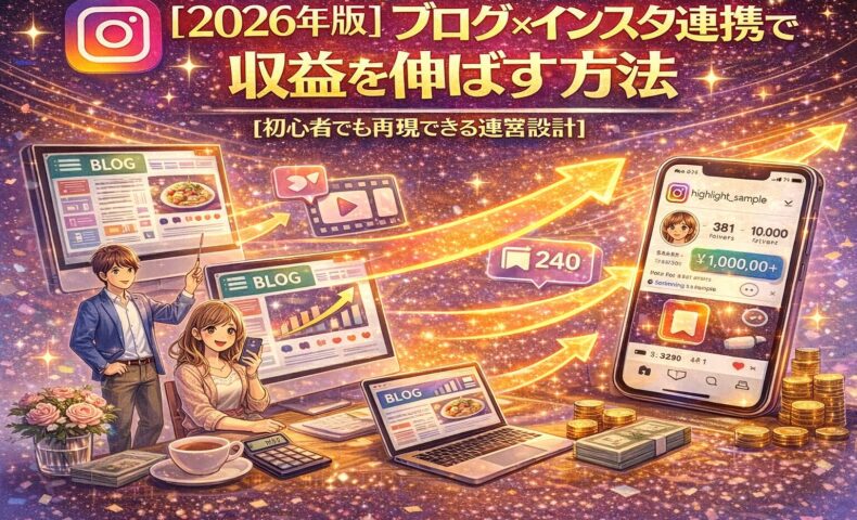 2026年版のブログ×インスタ連携で収益を伸ばす方法を図解したアイキャッチ画像（ブログ画面・リール/保存数・矢印導線・収益イメージ）