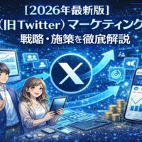 2026年最新版のX(旧Twitter)マーケティング戦略を解説するビジュアル。Xロゴを中心に、公式アカウント運用・広告・UGC・売上成長を示すグラフやスマートフォン画面が配置されている。