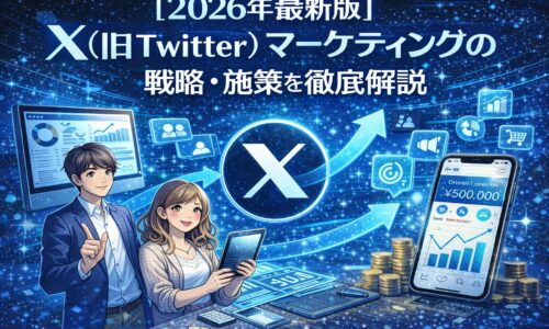 2026年最新版のX(旧Twitter)マーケティング戦略を解説するビジュアル。Xロゴを中心に、公式アカウント運用・広告・UGC・売上成長を示すグラフやスマートフォン画面が配置されている。