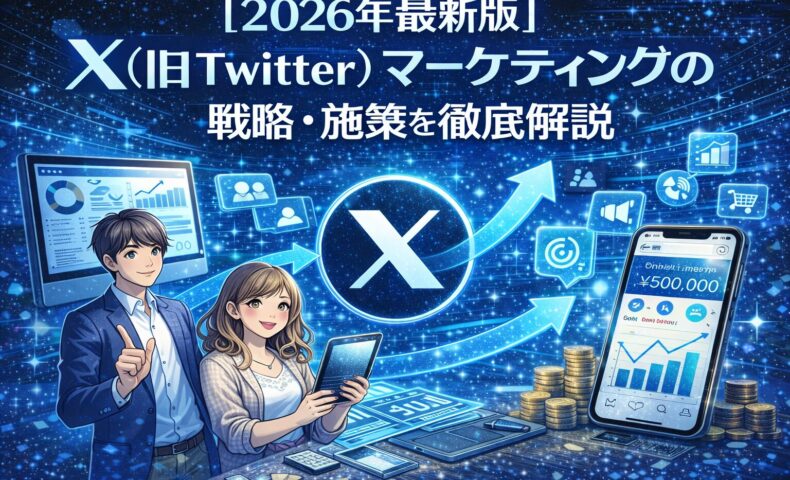 2026年最新版のX（旧Twitter）マーケティング戦略を解説するビジュアル。Xロゴを中心に、公式アカウント運用・広告・UGC・売上成長を示すグラフやスマートフォン画面が配置されている。