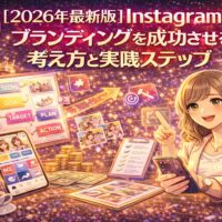 2026年最新版のInstagramブランディング戦略を解説するイラスト。ブランド設計、ターゲット設定、投稿計画、行動ステップを可視化し、Instagramでファンと信頼を育てる流れを表現している。