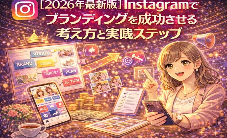2026年最新版のInstagramブランディング戦略を解説するイラスト。ブランド設計、ターゲット設定、投稿計画、行動ステップを可視化し、Instagramでファンと信頼を育てる流れを表現している。