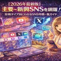 2026年最新版の主要SNSと新興SNSを投稿タイプ別に比較し、特徴や伸びやすさを一覧で整理したガイドイラスト