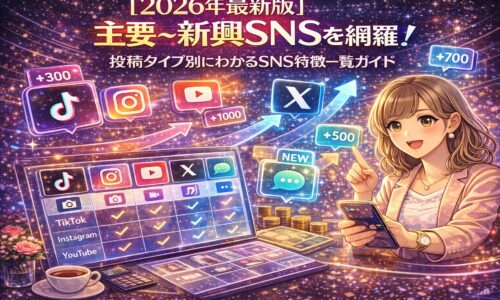 2026年最新版の主要SNSと新興SNSを投稿タイプ別に比較し、特徴や伸びやすさを一覧で整理したガイドイラスト