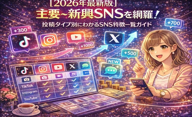 2026年最新版の主要SNSと新興SNSを投稿タイプ別に比較し、特徴や伸びやすさを一覧で整理したガイドイラスト