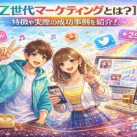 Z世代マーケティングの特徴と成功事例をイラストで解説するビジュアル。SNSを活用するZ世代の男女と、TikTok・X・フォロワー数増加を表すアイコンが描かれている。
