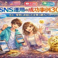 2026年版SNS運用の成功事例30選をイメージしたビジュアル。Instagram・YouTube・TikTok・LINEなどSNS運用で売上と集客に成功した企業の事例と成長データを表現したイラスト。