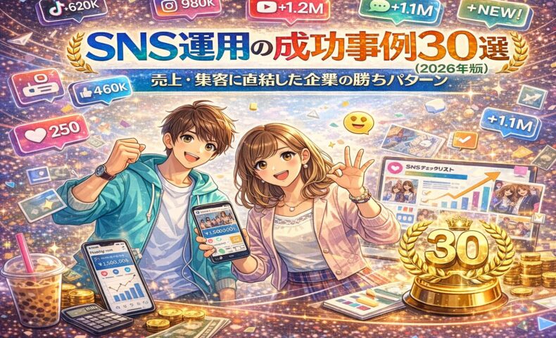 2026年版SNS運用の成功事例30選をイメージしたビジュアル。Instagram・YouTube・TikTok・LINEなどSNS運用で売上と集客に成功した企業の事例と成長データを表現したイラスト。