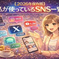 2026年版｜私が実際に運用しているSNS一覧を紹介するビジュアル。X、Instagram、YouTube、LINEなど複数SNSの使い分けを表現したイラスト