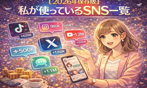 2026年版｜私が実際に運用しているSNS一覧を紹介するビジュアル。X、Instagram、YouTube、LINEなど複数SNSの使い分けを表現したイラスト