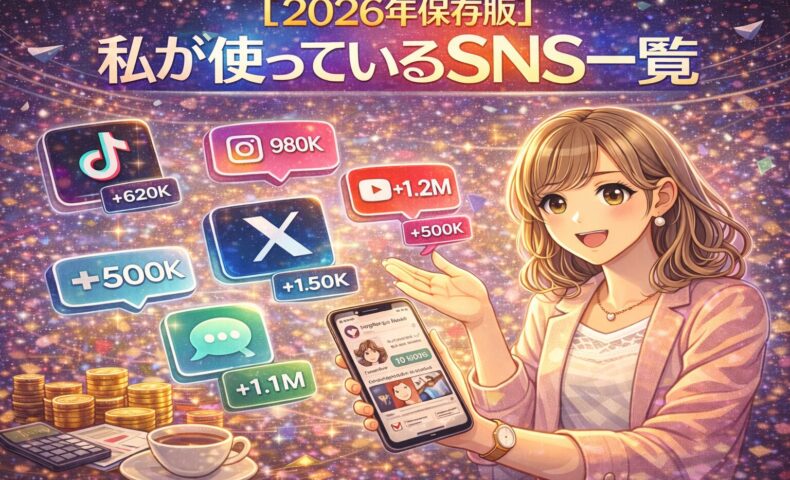 2026年版｜私が実際に運用しているSNS一覧を紹介するビジュアル。X、Instagram、YouTube、LINEなど複数SNSの使い分けを表現したイラスト