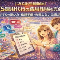 2026年最新版のSNS運用代行費用相場を解説するイラスト。TikTok・Instagram・X・YouTubeなどのSNSアイコンと、費用相場・選び方・依頼手順をチェックリストで確認している男女のイメージ。