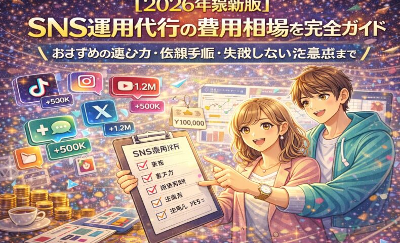 2026年最新版のSNS運用代行費用相場を解説するイラスト。TikTok・Instagram・X・YouTubeなどのSNSアイコンと、費用相場・選び方・依頼手順をチェックリストで確認している男女のイメージ。