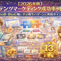 2026年版のコンテンツマーケティング成功事例をBtoB・BtoC別に解説するイメージ。成長グラフやSNS・記事コンテンツ、成功パターン13選を視覚的に表現した図解イラスト。