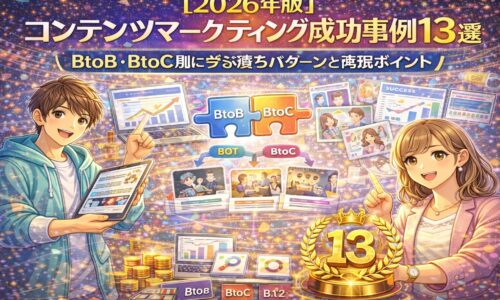 2026年版のコンテンツマーケティング成功事例をBtoB・BtoC別に解説するイメージ。成長グラフやSNS・記事コンテンツ、成功パターン13選を視覚的に表現した図解イラスト。