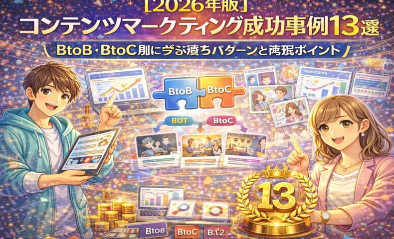 2026年版のコンテンツマーケティング成功事例をBtoB・BtoC別に解説するイメージ。成長グラフやSNS・記事コンテンツ、成功パターン13選を視覚的に表現した図解イラスト。