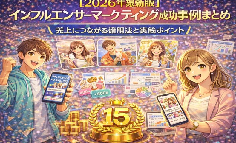 2026年最新版のインフルエンサーマーケティング成功事例をまとめたビジュアル。SNSを活用して売上につなげる実践ポイントと成果イメージを表現。