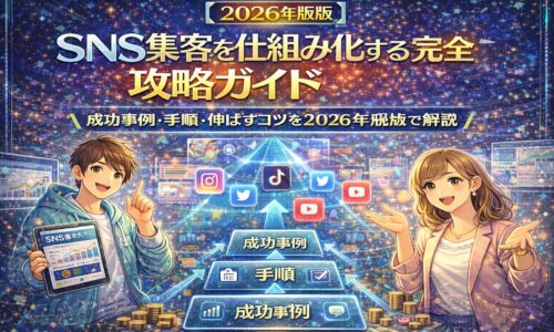 2026年最新版のSNS集客を仕組み化する完全攻略ガイドとして、Instagram・X・TikTok・YouTubeを活用した成功事例と手順、伸ばすコツを図解したビジュアル