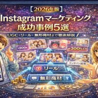 Instagramマーケティング成功事例5選を解説する図解。UGC活用、リール施策、無形商材でも成果を出した2026年最新版の運用モデルを紹介。