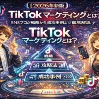 2026年最新版のTikTokマーケティング解説図。戦略・攻略法・成功事例の3ステップで、企業や個人が成果を出す方法を視覚的に表現したイラスト。