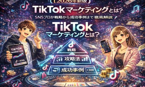 2026年最新版のTikTokマーケティング解説図。戦略・攻略法・成功事例の3ステップで、企業や個人が成果を出す方法を視覚的に表現したイラスト。