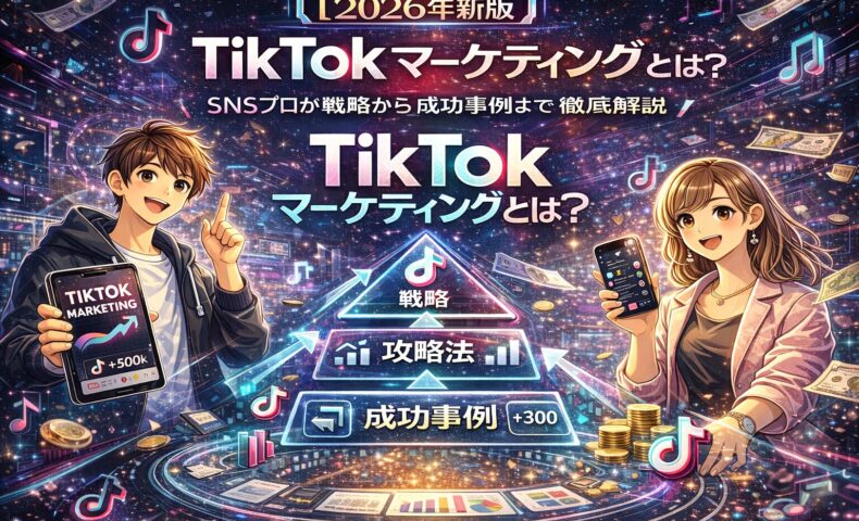 2026年最新版のTikTokマーケティング解説図。戦略・攻略法・成功事例の3ステップで、企業や個人が成果を出す方法を視覚的に表現したイラスト。