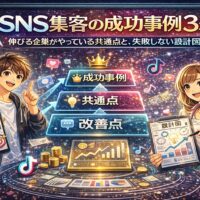SNS集客の成功事例3選をもとに、成果を出している企業の共通点と失敗しないための設計図を図解で解説しているイラスト