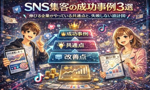 SNS集客の成功事例3選をもとに、成果を出している企業の共通点と失敗しないための設計図を図解で解説しているイラスト