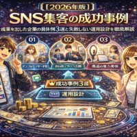 2026年版SNS集客の成功事例を解説する図解イラスト。インフルエンサーPR、BtoBノウハウ公開、商品の魅力発信という3つの成功パターンと、失敗しない運用設計の流れを視覚的に表現している。
