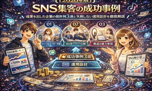 2026年版SNS集客の成功事例を解説する図解イラスト。インフルエンサーPR、BtoBノウハウ公開、商品の魅力発信という3つの成功パターンと、失敗しない運用設計の流れを視覚的に表現している。