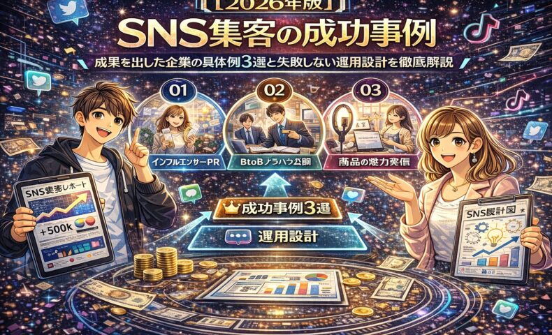 2026年版SNS集客の成功事例を解説する図解イラスト。インフルエンサーPR、BtoBノウハウ公開、商品の魅力発信という3つの成功パターンと、失敗しない運用設計の流れを視覚的に表現している。
