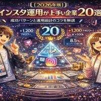 2026年版のインスタ運用成功企業20選を図解で示したイメージ。フォロワー増加、CV率改善など成果指標と、成功パターン・運用設計の流れを視覚的に表現