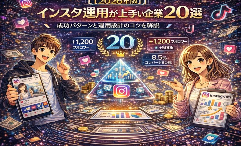 2026年版のインスタ運用成功企業20選を図解で示したイメージ。フォロワー増加、CV率改善など成果指標と、成功パターン・運用設計の流れを視覚的に表現