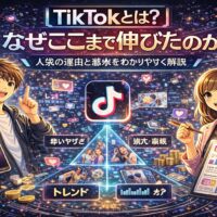 TikTokとは何か、なぜここまで伸びたのかを解説する図解イラスト。TikTokの人気理由としてアルゴリズム、トレンド、拡散力、ユーザー体験を視覚的に表現