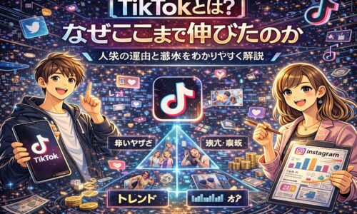TikTokとは何か、なぜここまで伸びたのかを解説する図解イラスト。TikTokの人気理由としてアルゴリズム、トレンド、拡散力、ユーザー体験を視覚的に表現