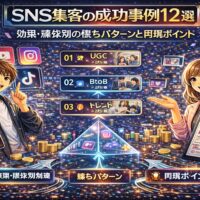 SNS集客の成功事例12選を解説する図解イメージ。TikTok・Instagram・X・YouTubeなど主要SNS別に、UGC・BtoB・トレンド活用など成果につながる集客パターンと活用ポイントを視覚的に紹介