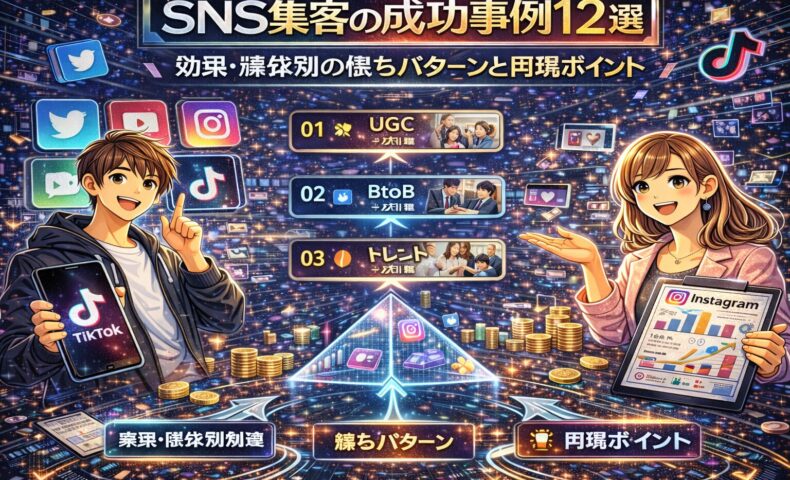 SNS集客の成功事例12選を解説する図解イメージ。TikTok・Instagram・X・YouTubeなど主要SNS別に、UGC・BtoB・トレンド活用など成果につながる集客パターンと活用ポイントを視覚的に紹介