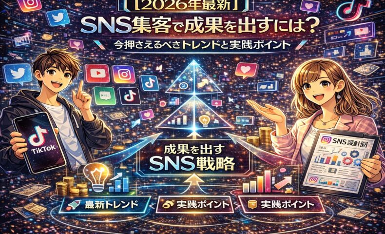 2026年最新のSNS集客戦略を解説するイメージ。Instagram・TikTok・YouT